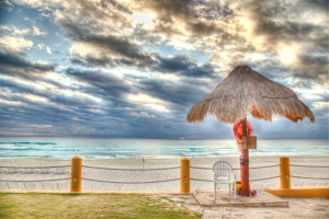 lifeguard stand, cancun, morning, hdr, landscape, clouds, travel, angela b. pan, abpan