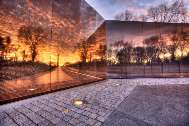 vietnam memorial, reflection, washington monument, washington dc, landscape, hdr, travel, sunrise