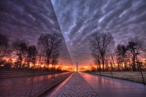"Vietnam Memorial Cloudy Sunrise" - An HDR photo of the Vietnam Memorial in Washington DC taken at sunrise on a cloudy morning by Angela B. Pan.