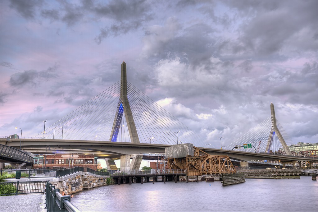 zakim bridge, sunset, boston