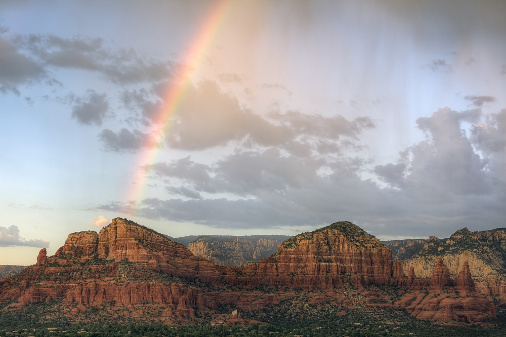 sedona, arizona, rainbow, travel, landscape, cathedral rock, clouds, red rocks