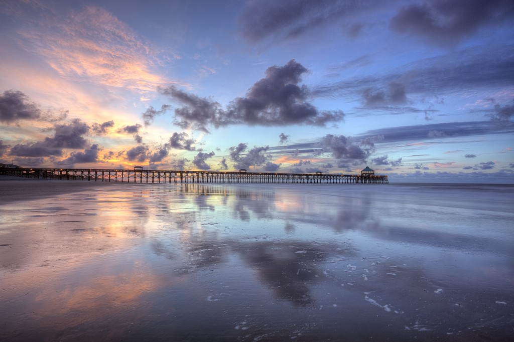 folly beach, south carolina, summer, sunrise, beach, clouds, reflection, travel