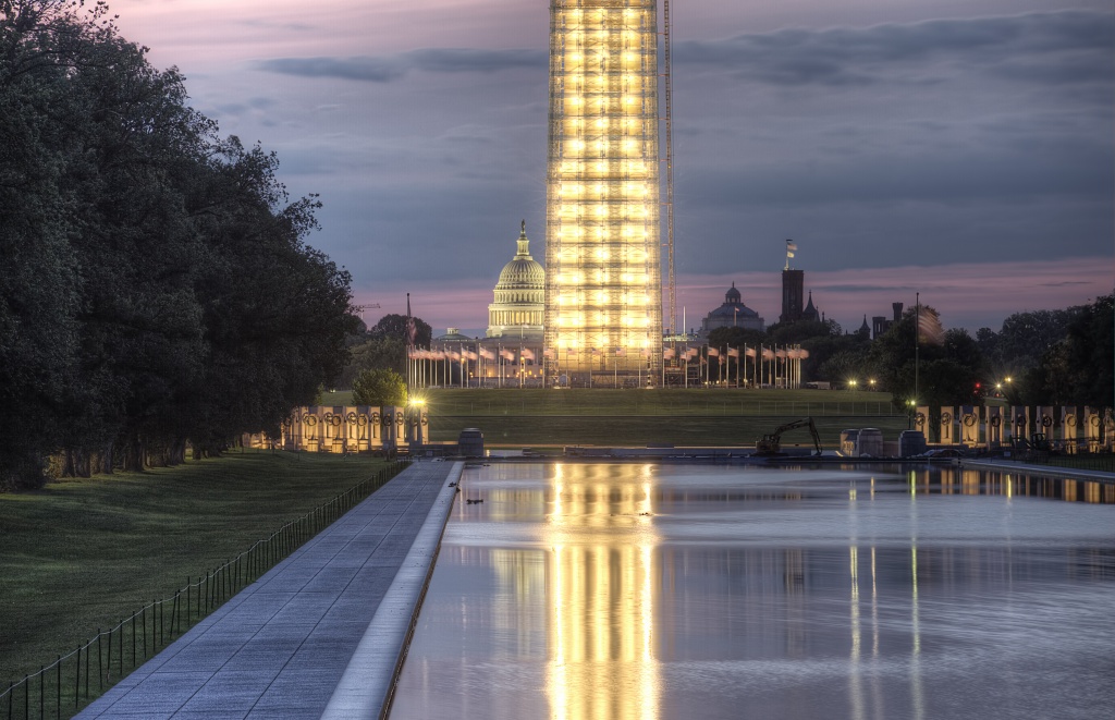 washington monument, washington dc, scaffolding, capital, capitol, reflection, reflecting pool, 