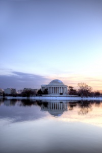 jefferson memorial, thomas jefferson, tidal basin, sunrise, clouds, snow, winter, reflection, washington dc,