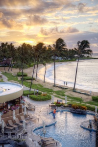 kauai, sheraton, starwood, balcony, sunrise, palm trees, beach, pool, travel, vacation, warm weather, palm trees, hotel,