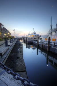 boston, massachusetts, sunrise, chains, boats, clouds, perspective