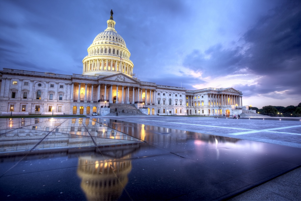 capitol, night, storm, sunset, dome, architecture, reflection, seating wall, clouds, blue, washington dc, travel