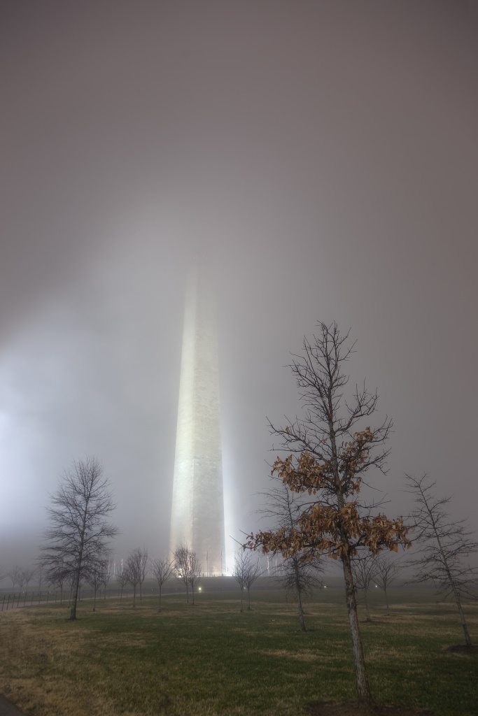 washington monument, washington dc, pencil, fog, weather, night, trees, lights, travel, walk around, lights, night, creepy, safe