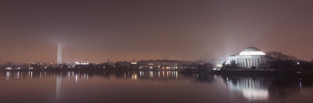 fog, weather, tidal basin, washington dc, washington monument, jefferson memorial, night, landscape, travel, walk