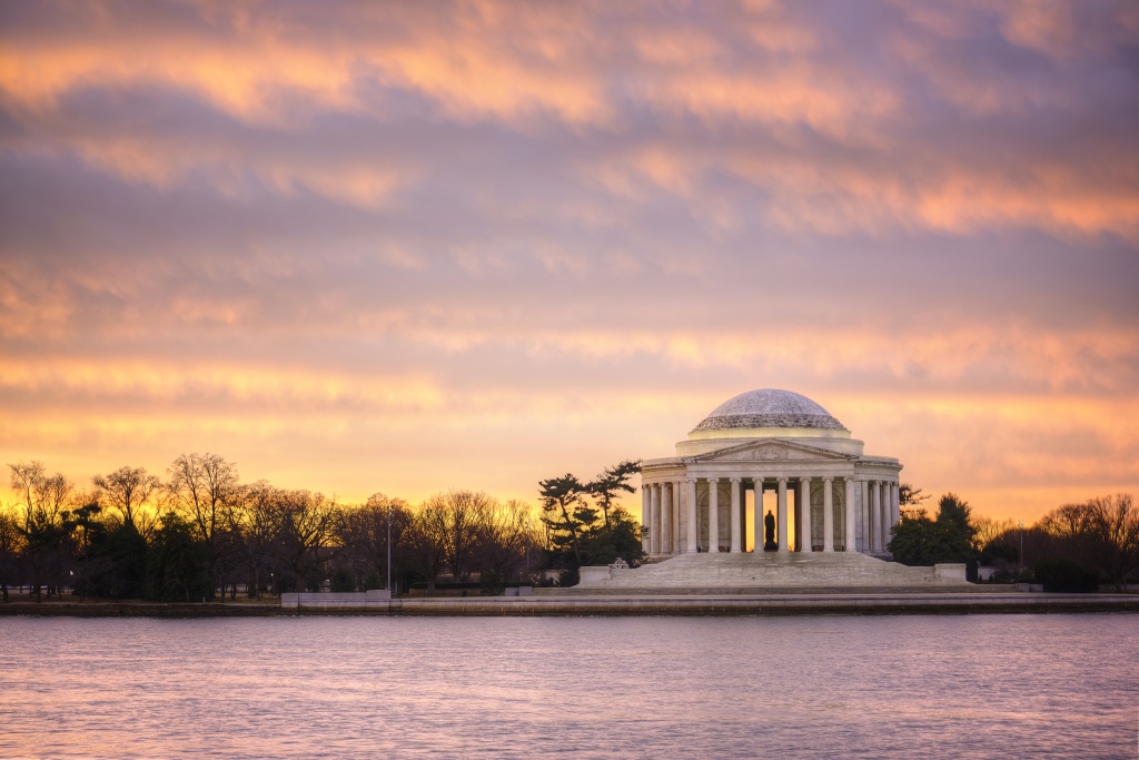 pink, sunrise, jefferson memorial, washington dc, tidal basin, jefferson, thomas jefferson, morning, travel, photo, water, clouds, reflection