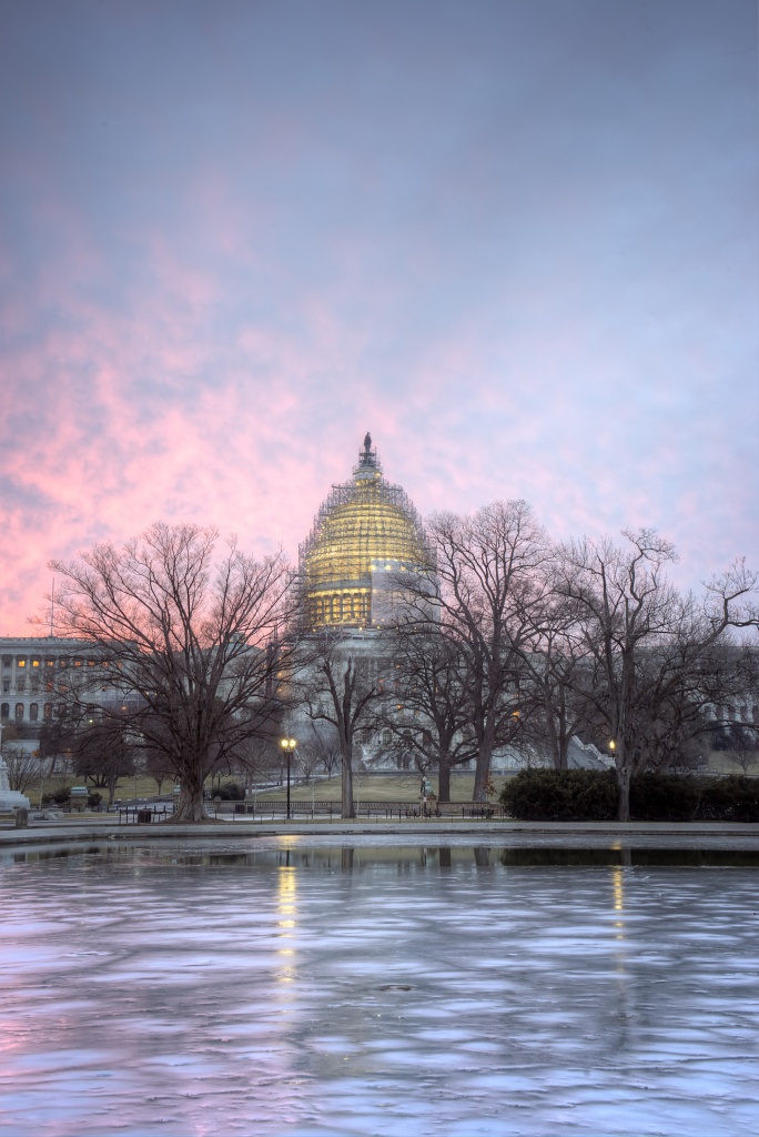us capitol, sunrise, frozen, spring, trees, winter, pink, purple, reflecting pool, visit, early morning