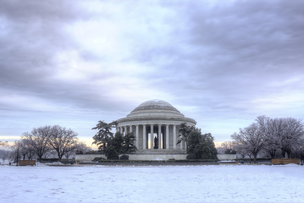 jefferson, memorial, washington dc, sunrise, snow, ice, landscape, tidal basin, trees