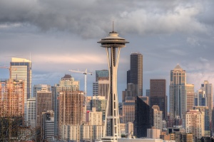 kerry park, seattle, washington state, skyline, space needle, sunset, buildings, architecture, visit, clouds, wind