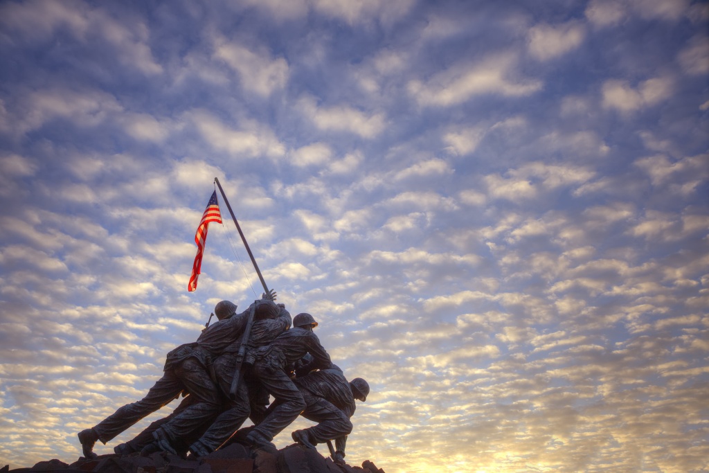 marine corp memorial, sunrise, clouds, american flag, arlington, virginia, va, 