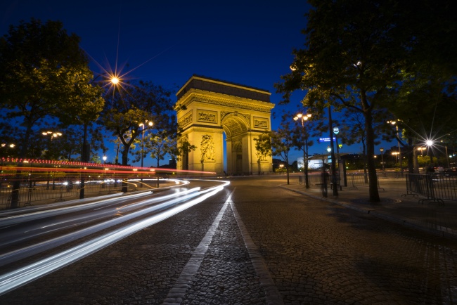 arc de triomphe, france, paris, night, photography, architecture, cars, traffic, light, travel, long exposure