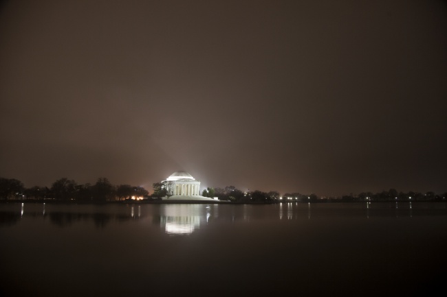 jefferson, memorial, night, fog, spotlights, reflection, tidal basin