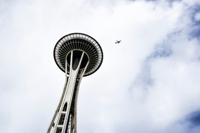 seattle, washington state, space needle, air plane, clouds, looking up, travel, tourist,