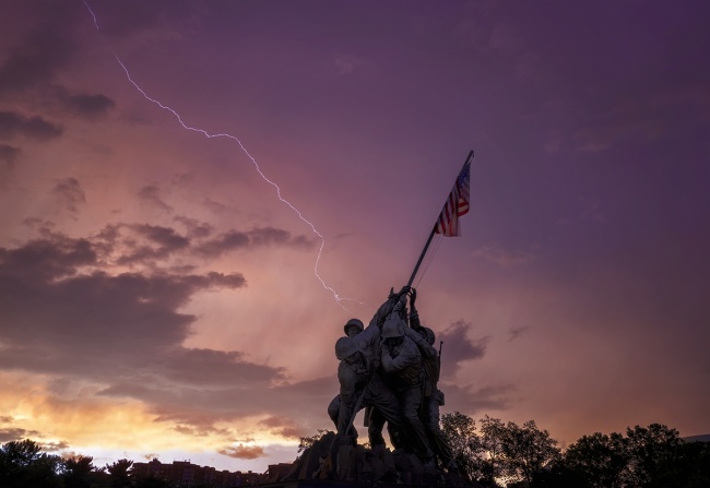 lightning strike, weather, storm, thunder, lightning, sunset, arlington, iwo jima, memorial,