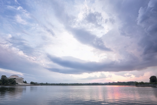tidal basin, jefferson memorial, clouds, storm, approaching, sunset, reflection, washington dc