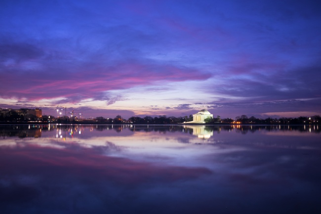 jefferson memorial, clouds, blue hour, sunrise, sky, washington dc, tidal basin, visit, travel, reflection