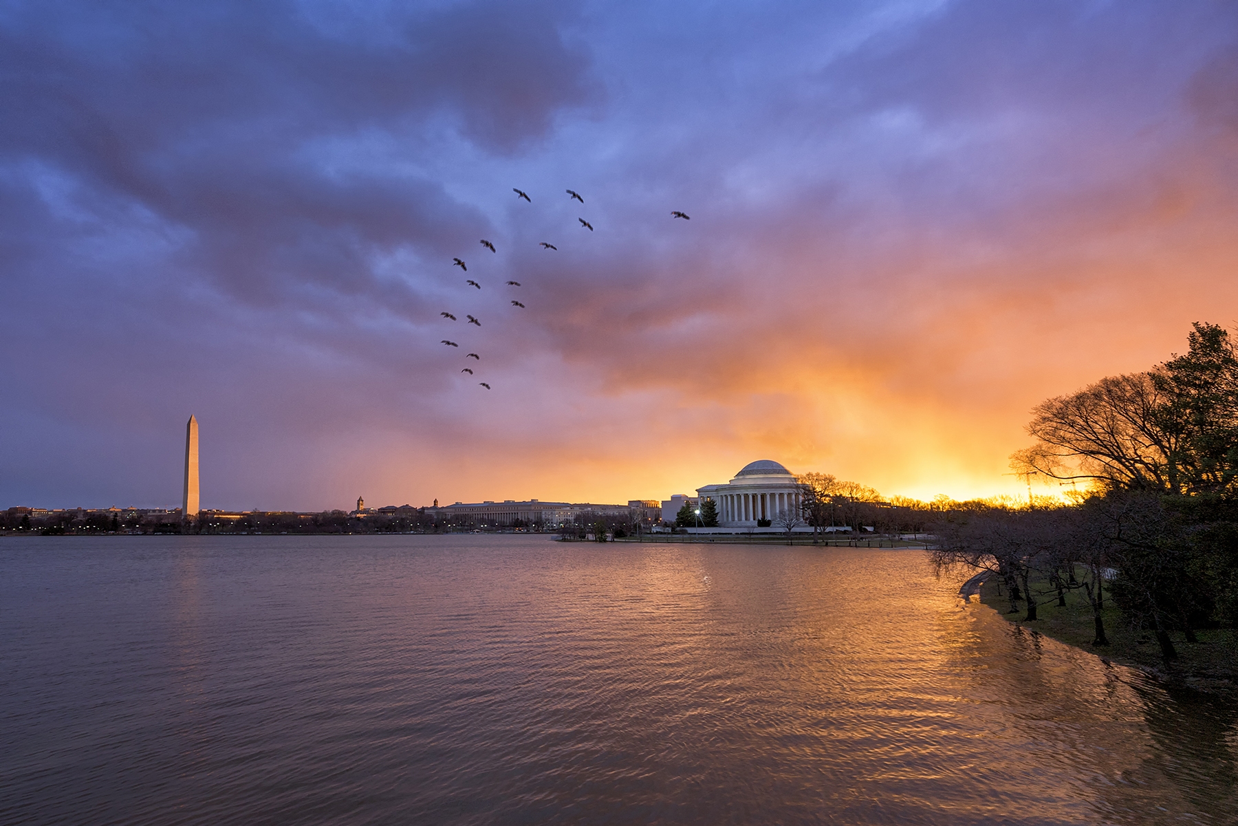 after the storm, tornado, storm, weather, sunrise, jefferson memorial, tidal basin, washington monument, birds, clouds, flood, morning, water, thunder, rain, severe, washington dc,