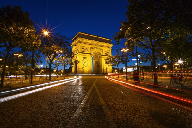 arc de triomphe, paris, france, night, cars, trails, traffic, city, center, welcome, visit, travel, europe, streets