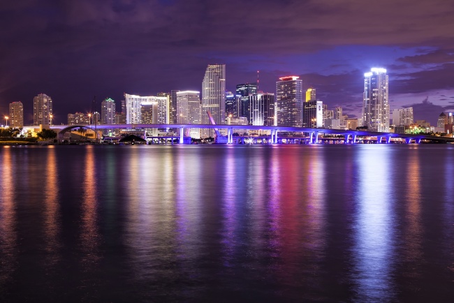 miami, florida, fl, skyline, night, buildings, lights, reflection,