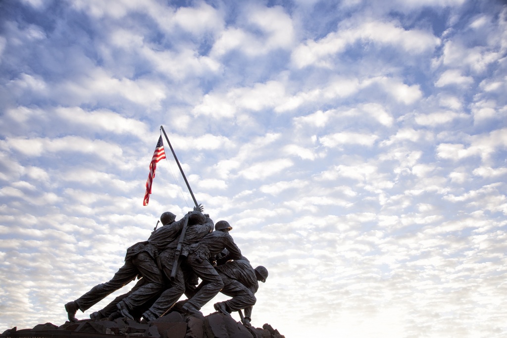 sunrise, clouds, iwo jima, marine corp memorial, american flag, clouds, virginia, va, rosslyn, washington dc,
