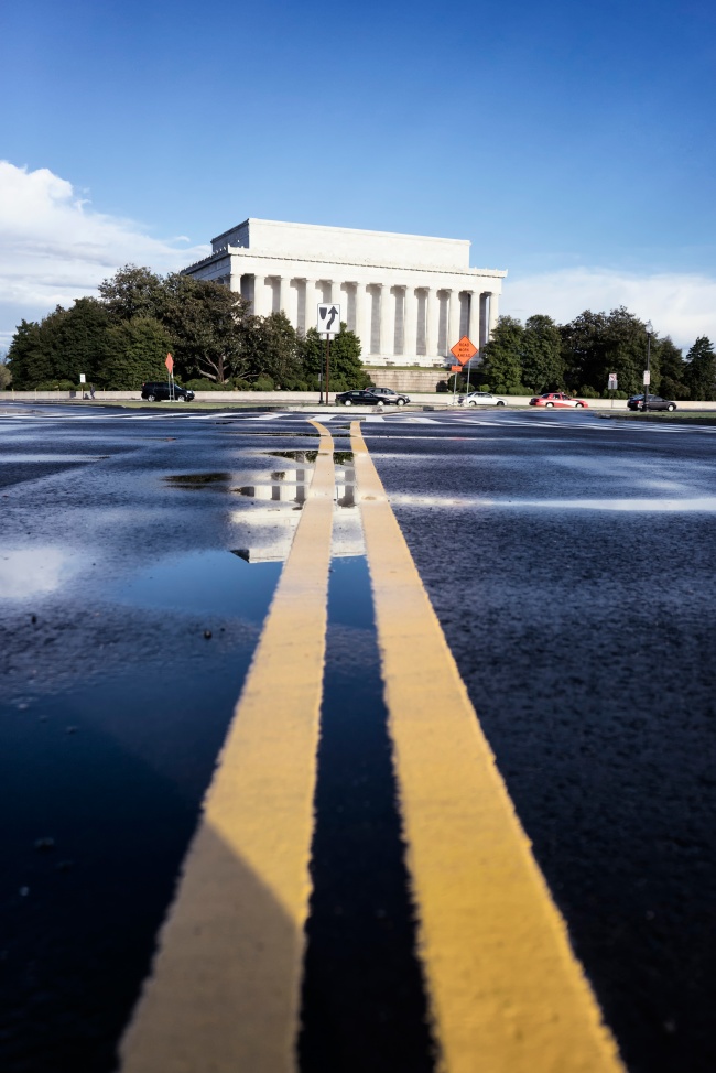 lincoln memorial, washington dc, reflection, puddle, after the rain, street, lanes, architecture, lines