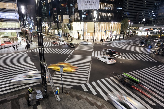 tokyu, plaza ginza, street, crosswalk, traffic, busy, japan, tokyo, ginza, night, taxi, pedestrians, workers,