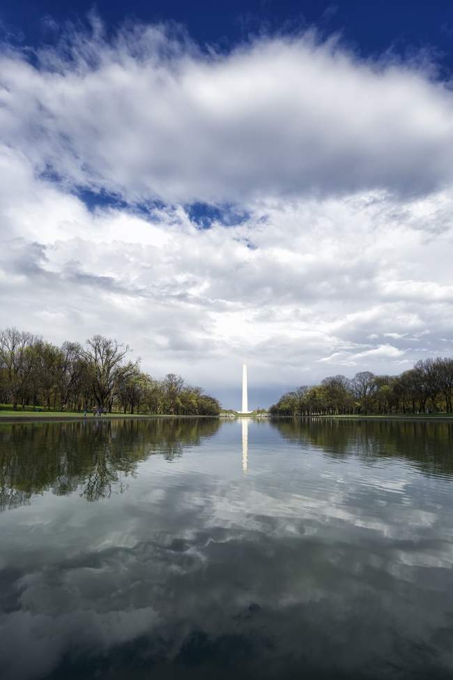 reflection pool, washington dc, washington monument, trees, clouds, storm, rain, clouds, spring, travel, visit, capital, afternoon,
