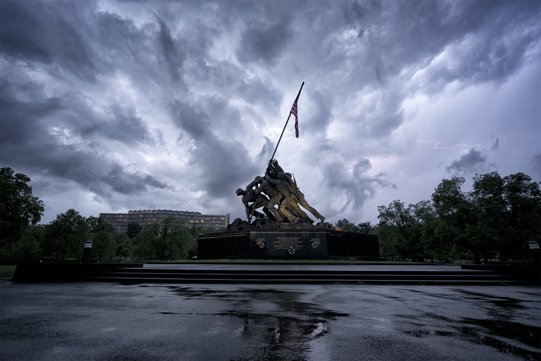 iwo jima, lightning, storm, clouds, rain, arlington, virginia, va, reflection, rain,