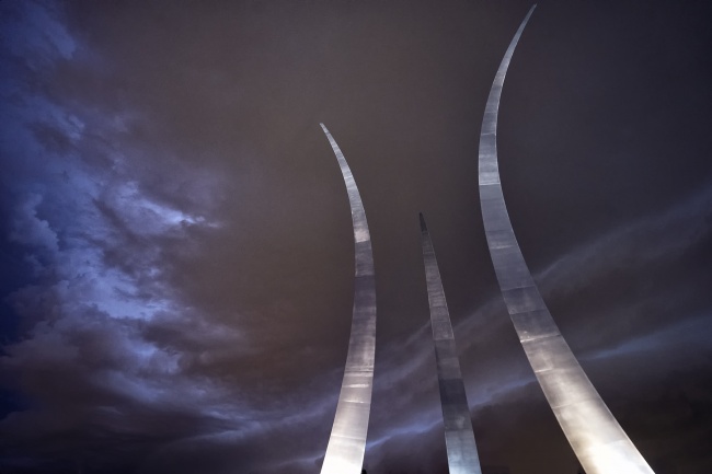 air force memorial, afm, arlington, virginia, va, storm, night, thunder, lightning, united states air force memorial, united states air force, pentagon, clouds