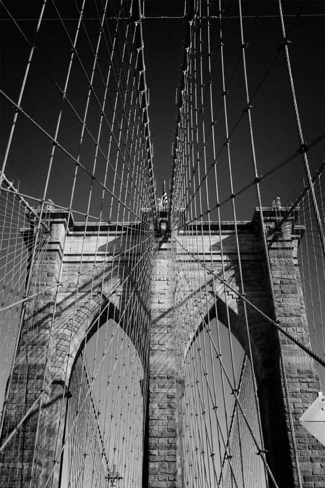 brooklyn bridge, cable-stayed, suspension bridge, new york city, united states, new york, ny, east river, manhattan, brooklyn, walk, tour, black and white, lines,