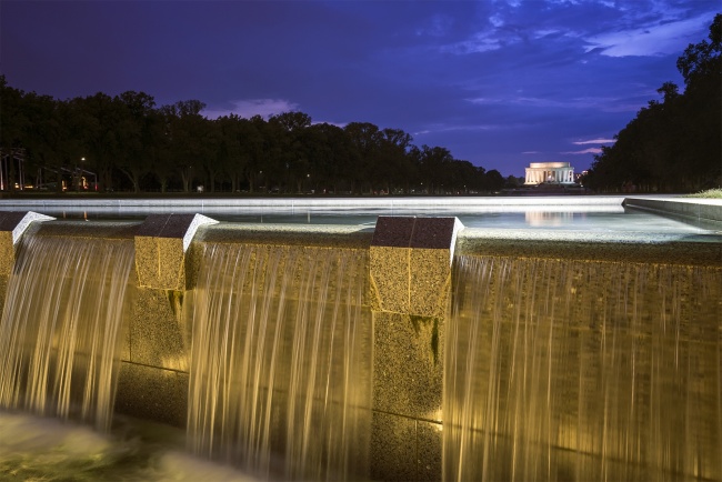 wwii, memorial, national world war ii memorial, fountains, reflection, lincoln memorial, dc, nw, washington dc, sunset, evening, national mall,