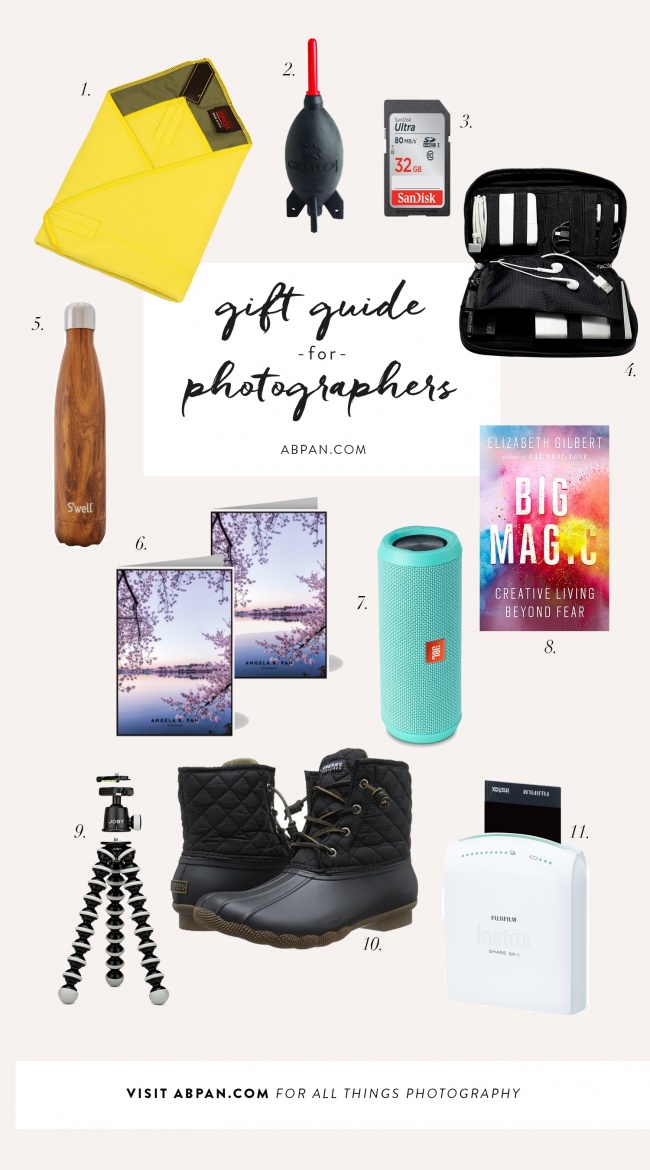 gift guide, photographers, photography, domke, rocket, blaster, organizer, organize, photo, cords, big magic, sd cards, moo cards, personalized, jbl speaker, gorillapod, sperry, boots, rain, fuij, printer, polaroid