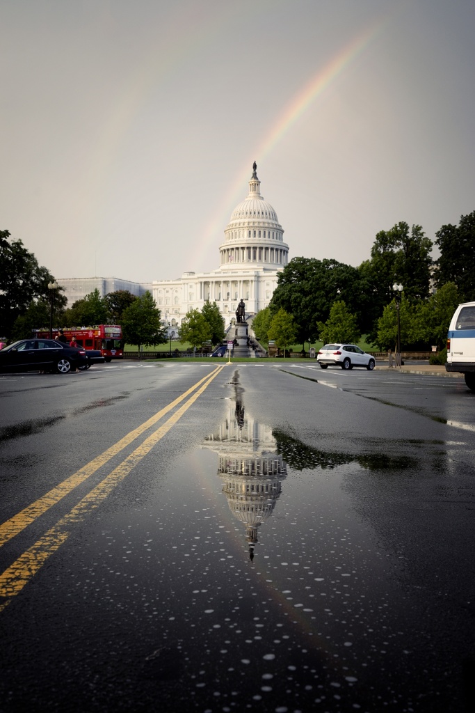 hop on, hop off bus, tour bus, washington dc, us capitol, rain, storm, weather, summer storm, double rainbow, puddle, reflection street, architecture, government