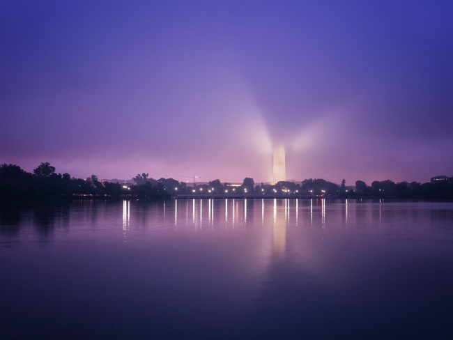 fog, washington monument, tidal basin, washington dc, sunrise, early morning, cloud, lights, purple, dancing, angel, visit, summer, travel