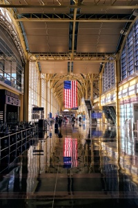 American Flag, reagan national airport, reflection, interior, early morning, light, dca, washington dc, travel, flight, security line, architecture, dslr, iphone, photography,