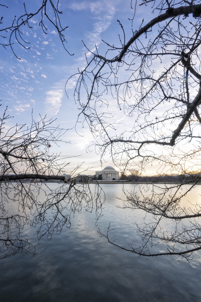 Thomas Jefferson Memorial, Washington DC, tidal basin, cherry blossoms, winter, blue, bare, cold, framing, repetition, national mall, visit, christmas eve, blue,