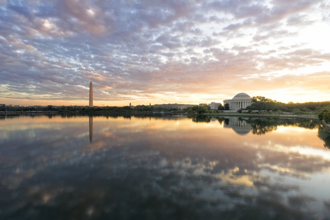 tidal basin, sunrise, washington dc, national mall, jefferson memorial, washington monument, reflection, water, east potomac park, pedestrian bridge, ohio drive, clouds, monuments, cherry blossom trees