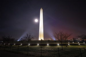 moonset, washington dc, washington monument, national mall, evening, night, moonrise, supermoon, cherry blossoms, light pollution,