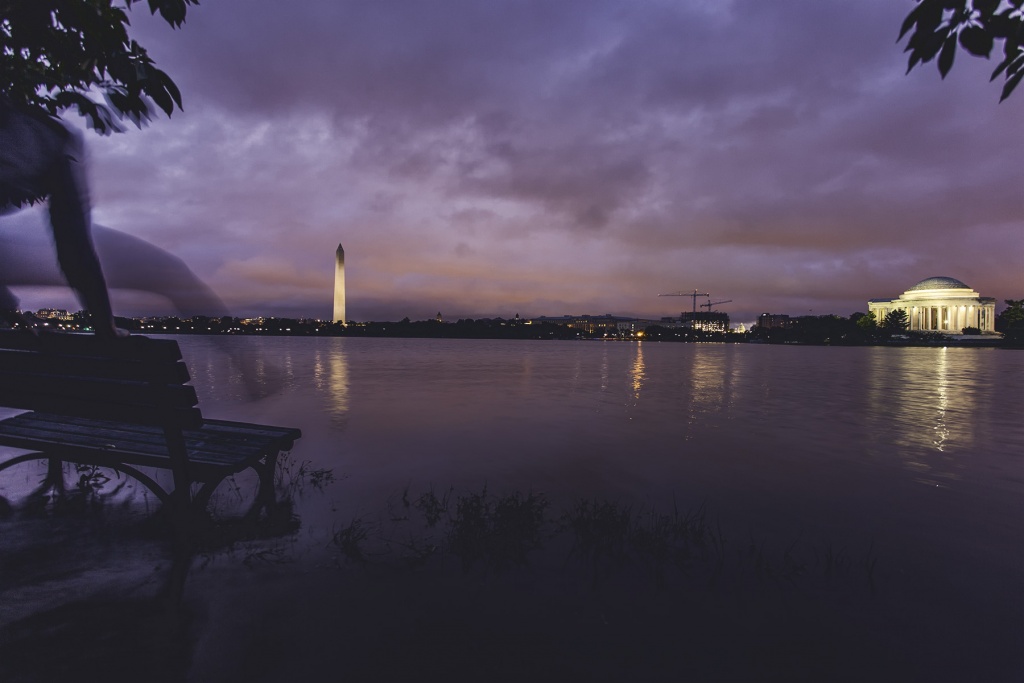 Flooding at the Tidal Basin, washington dc, national mall, west potoamc park, washington monument, jefferson memorial, selfie, self timer, canon, sony, park bench, flooding, rain, weather, summer, parkour, water, sunrise, 