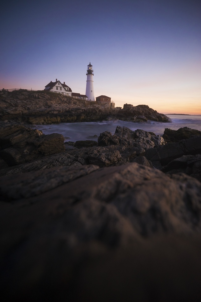 Portland Head Light, Portland, Maine, sunrise, travel, autumn, visit, Casco Bay, lighthouse, early morning, rocks, Cape Elizabeth, gulf of maine