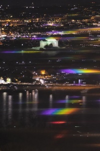 Reflections from the Kennedy Center, view of dc, observation deck, ceb tower, potomac river, jefferson memorial, arlington, rosslyn, virginia, va, jefferson memorial, night time, reflections, rainbow lights,