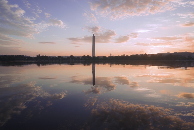 Tidal Basin Reflections, washington dc, washington monument, sunrise, early morning colors, clouds, flooding, west potomac park, potomac river, cherry blossom festival