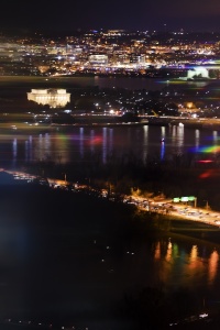 Reflections from the Kennedy Center, view of dc, observation deck, ceb tower, potomac river, jefferson memorial, arlington, rosslyn, virginia, va, jefferson memorial, night time, reflections, rainbow lights,