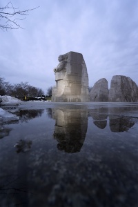 Martin Luther King Jr Memorial, washington dc, national mall, tidal basin, reflections, snow, puddle, winter, blue, cold, stone of hope, memorial and monuments,