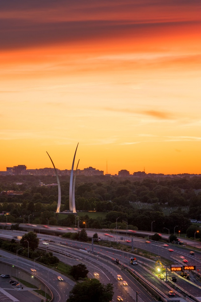 united states air force memorial, crystal city, washington dc, arlington, virginia, va, air force washington dc, 1 air force memorial drive, rooftop, sunset, summer