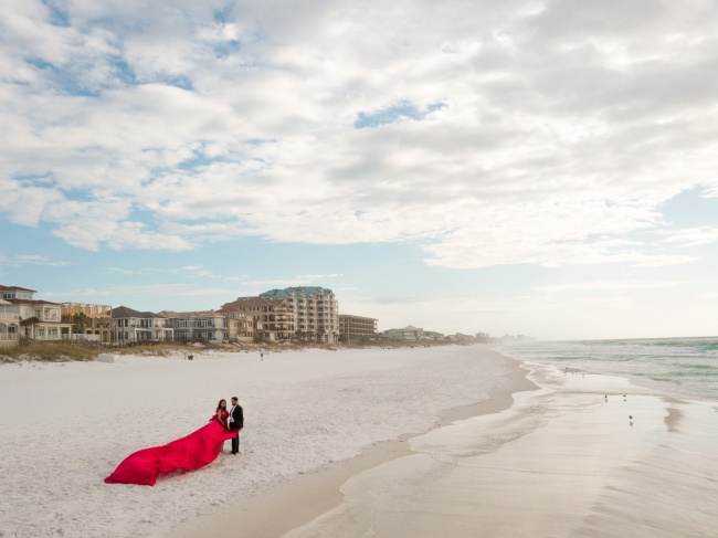 destin, florida, florida beach wedding, early morning, drone, beach wedding, flowy red dress, shayan photography, fahim, taz, vow renewal